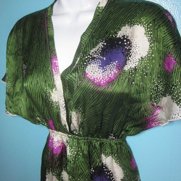 Hale Bob Anthropologie Womens Size S Green Floral Silk Pullover Kimono Dress  - Picture 9 of 13